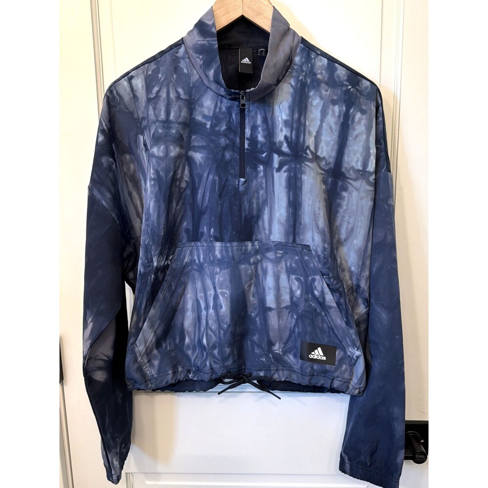 Adidas Windbreaker Jacket Women L Oversized Blue Gray Cropped Athleisure Workout